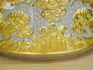 Bát hương men rạn đắp nổi Rồng dát vàng 24k, đường kính 22cm