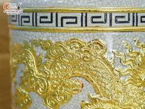 Bát hương men rạn đắp nổi Rồng dát vàng 24k, đường kính 22cm