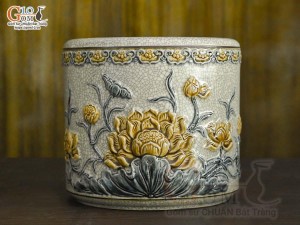 Bát hương men rạn đắp nổi Sen Cát Tường viền hoa, đường kính 16cm