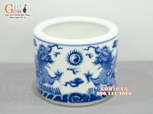 Bát hương Long Trấn men lam vẽ Rồng, đường kính 25cm