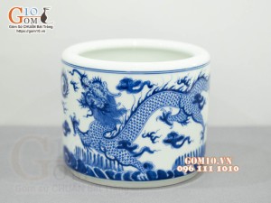 Bát hương Long Trấn men lam vẽ Rồng, đường kính 25cm