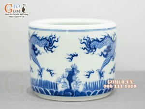 Bát hương Long Trấn men lam vẽ Rồng, đường kính 25cm