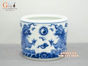 Bát hương Long Trấn men lam vẽ Rồng, đường kính 20cm