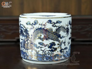 Bát hương men trắng họa tiết Rồng Đại Cát vẽ vàng 24k, đường kính 22cm