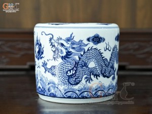 Bát hương men trắng họa tiết Rồng Ngũ Phúc, đường kính 22cm