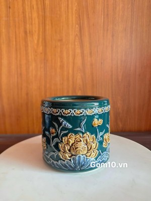 Bát hương men xanh lục bảo đắp nổi hoa sen, đường kính 14cm