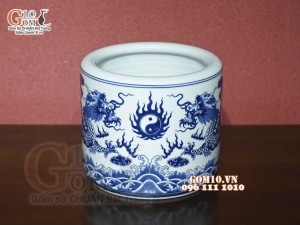 Bát hương Như Ý men lam cổ vẽ Rồng, đường kính 25cm