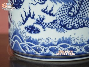 Bát hương Như Ý men lam cổ vẽ Rồng, đường kính 25cm