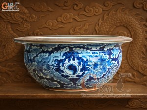 Bát hương quả lựu men lam cổ vẽ Long ẩn nền băng, đường kính 22cm