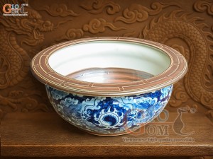 Bát hương quả lựu men lam cổ vẽ Long ẩn nền băng, đường kính 22cm