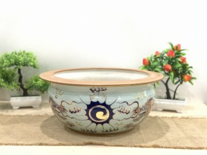 Bát hương quả lựu men lam vẽ Rồng vẽ vàng 24k, đường kính 35cm