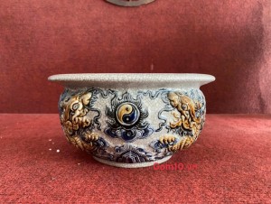 Bát hương quả lựu men rạn đắp nổi cao cấp, đường kính 25cm