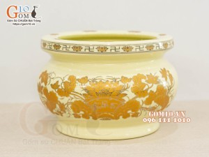 Bát hương quả lựu vẽ sen vàng kim phi 14cm