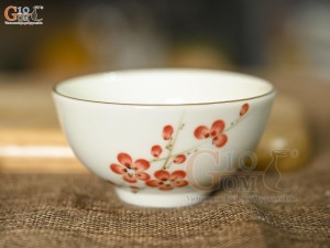 Bát mắm men kem vẽ hoa Đào đỏ