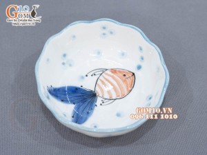 Bát miệng lượn men trắng vẽ tiểu Ngư, đường kính 13cm