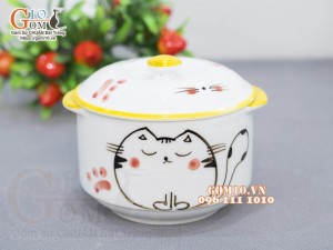 Bát nắp cao men trắng vẽ Mèo Ú chỉ vàng, đường kính 12cm