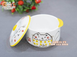 Bát nắp cao men trắng vẽ Mèo Ú chỉ vàng, đường kính 12cm