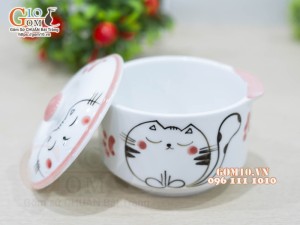 Bát nắp cao men trắng vẽ Mèo Ú chỉ hồng, đường kính 12cm