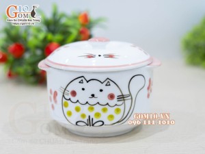 Bát nắp cao men trắng vẽ Mèo Ú chỉ hồng, đường kính 12cm