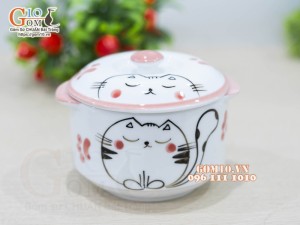 Bát nắp cao men trắng vẽ Mèo Ú chỉ hồng, đường kính 12cm
