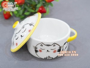 Bát nắp có tai men trắng vẽ Mèo Ú chỉ vàng, đường kính 10cm