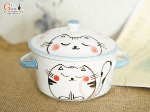 Bát nắp có tai men trắng vẽ Mèo Ú chỉ xanh, đường kính 10cm