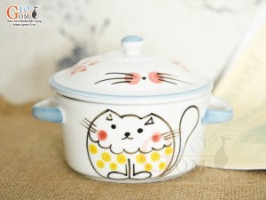 Bát nắp có tai men trắng vẽ Mèo Ú chỉ xanh, đường kính 10cm