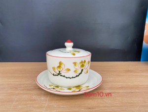 Bát nắp kèm đĩa kê men kem vẽ hoa Sen vàng, đường kính 10cm