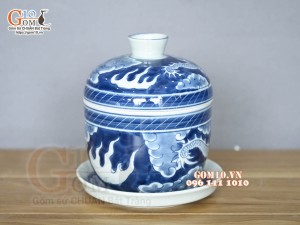 Bát nắp kèm đĩa men lam cổ hoạ tiết long ẩn, đường kính 11cm