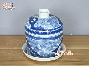 Bát nắp kèm đĩa men lam cổ hoạ tiết long ẩn, đường kính 11cm