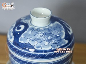 Bát nắp kèm đĩa men lam cổ hoạ tiết long ẩn, đường kính 11cm