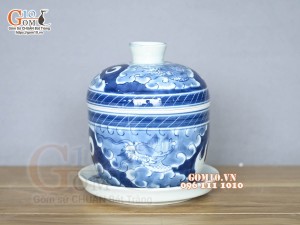 Bát nắp kèm đĩa men lam cổ hoạ tiết long ẩn, đường kính 11cm