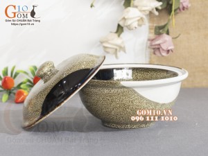 Bát nắp men hỏa biến gấm vàng Cát Tường, đường kính 14cm