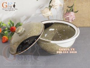 Bát nắp men hỏa biến gấm vàng Cát Tường, đường kính 14cm