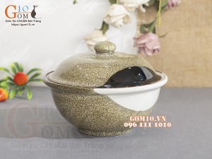 Bát nắp men hỏa biến gấm vàng Cát Tường, đường kính 14cm