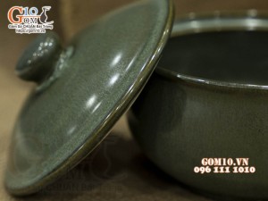 Bát nắp men hỏa biến xanh ngọc cổ, 14cm