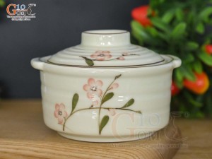 Bát nắp men kem vẽ hoa đào hồng, đường kính 11cm