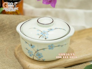 Bát nắp men kem vẽ hoa Đào xanh, 11cm