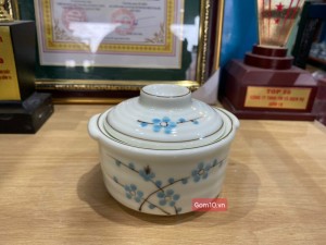 Bát nắp men kem vẽ hoa đào xanh đường kính 11cm