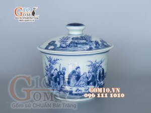 Bát nắp men lam cổ cảnh Trúc Lâm Thất Hiền