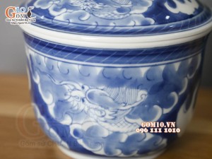 Bát nắp men lam cổ hoạ tiết Long ẩn, đường kính 12cm