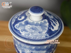 Bát nắp men lam cổ hoạ tiết Long ẩn, đường kính 12cm