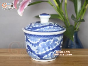 Bát nắp men lam cổ hoạ tiết Long ẩn, đường kính 12cm