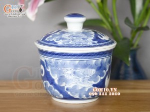 Bát nắp men lam cổ hoạ tiết Long ẩn, đường kính 12cm