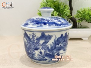 Bát nắp men lam cổ vẽ cảnh sơn thủy, đường kính 12cm