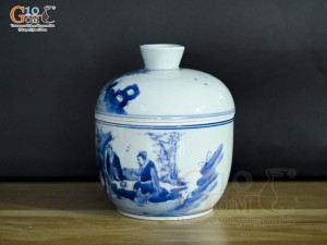 Bát nắp men lam cổ vẽ cảnh Trúc Lâm Thất Hiền, đường kính 11cm