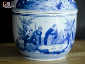 Bát nắp men lam cổ vẽ cảnh Trúc Lâm Thất Hiền, đường kính 11cm