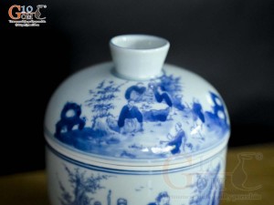 Bát nắp men lam cổ vẽ cảnh Trúc Lâm Thất Hiền, đường kính 11cm