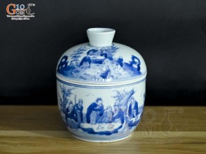 Bát nắp men lam cổ vẽ cảnh Trúc Lâm Thất Hiền, đường kính 11cm