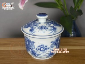 Bát nắp men lam cổ vẽ Phượng đường kính 12cm